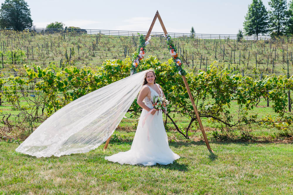 Bride standing in front of a vineyard with long veil flowing in the wind